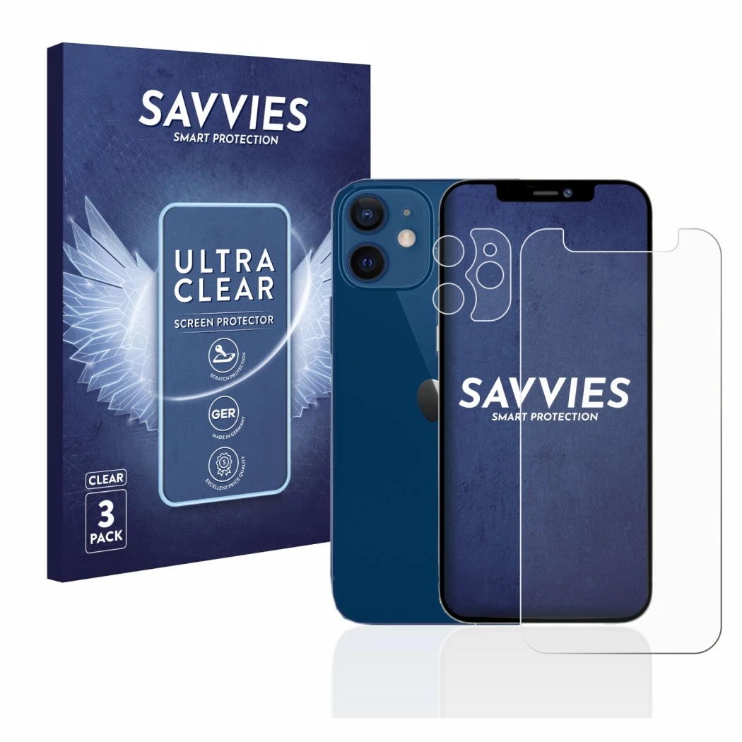 Face avant d’un emballage produit avec le logo de la marque Savvies. À côté, l’appareil Apple iPhone 12 mini (Avant+Caméra) es