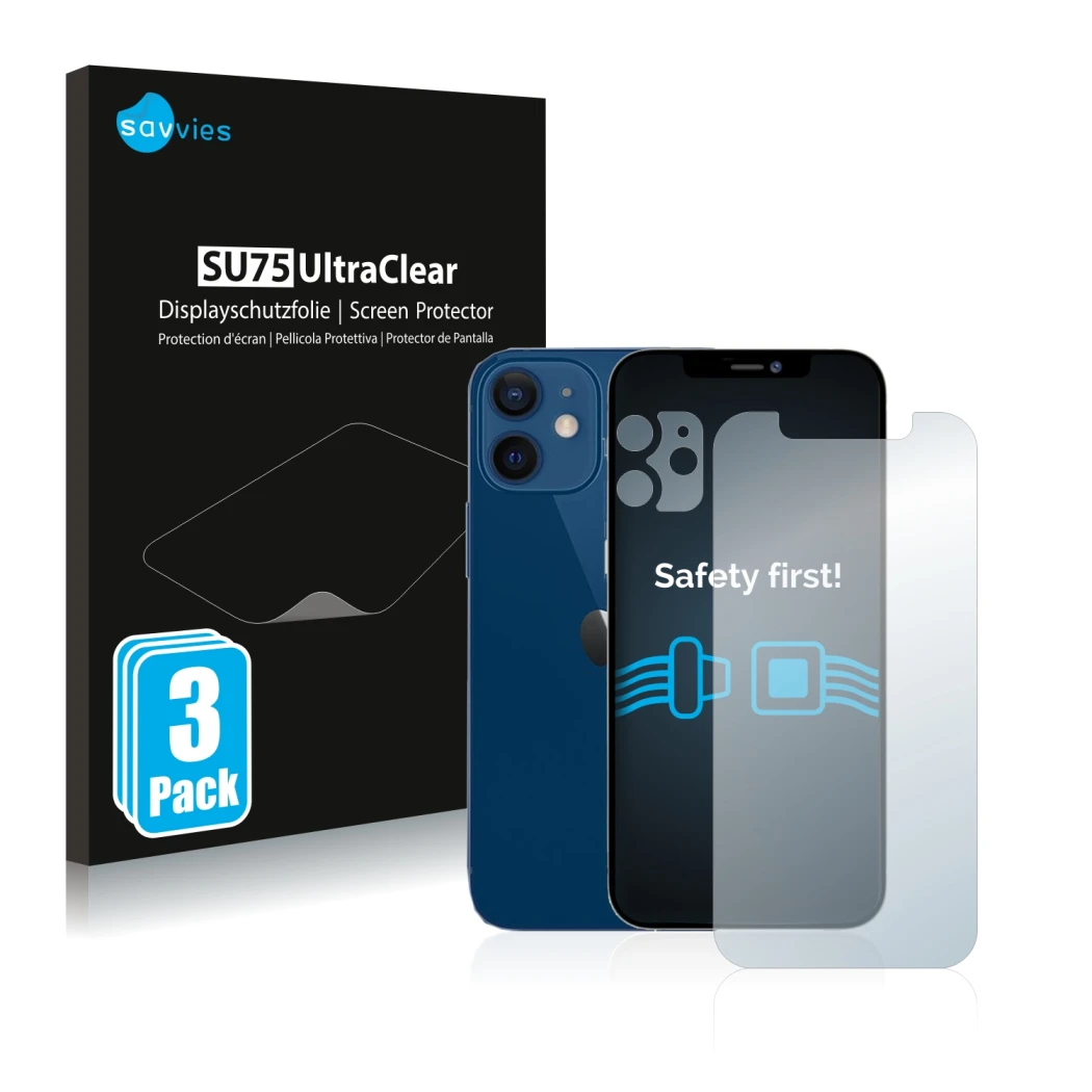 Face avant d’un emballage produit avec le logo de la marque Savvies. À côté, l’appareil Apple iPhone 12 (Avant+Caméra) est rep