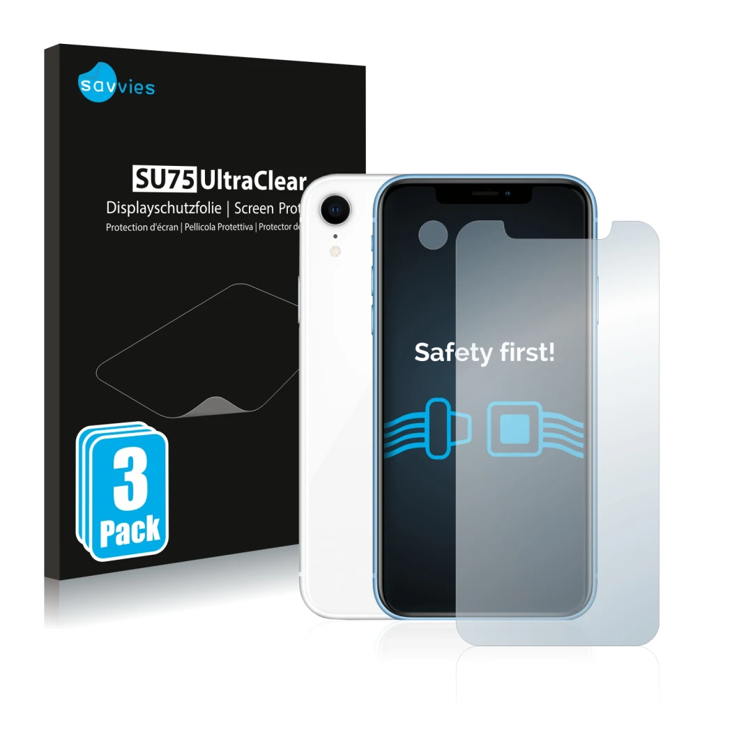 Face avant d’un emballage produit avec le logo de la marque Savvies. À côté, l’appareil Apple iPhone XR (Avant+Caméra) est rep