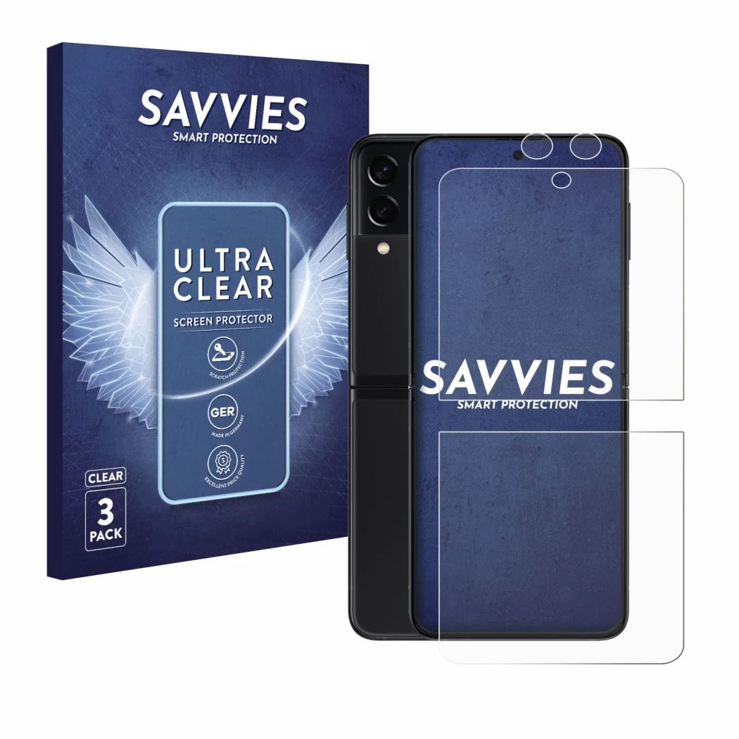 Face avant d’un emballage produit avec le logo de la marque Savvies. À côté, l’appareil Samsung Galaxy Z Flip 3 5G (Avant+Camé