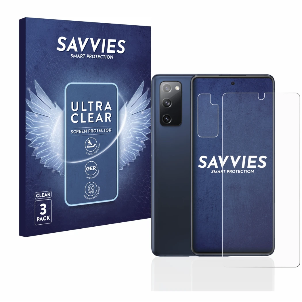 Face avant d’un emballage produit avec le logo de la marque Savvies. À côté, l’appareil Samsung Galaxy S20 FE 5G (Avant+Caméra