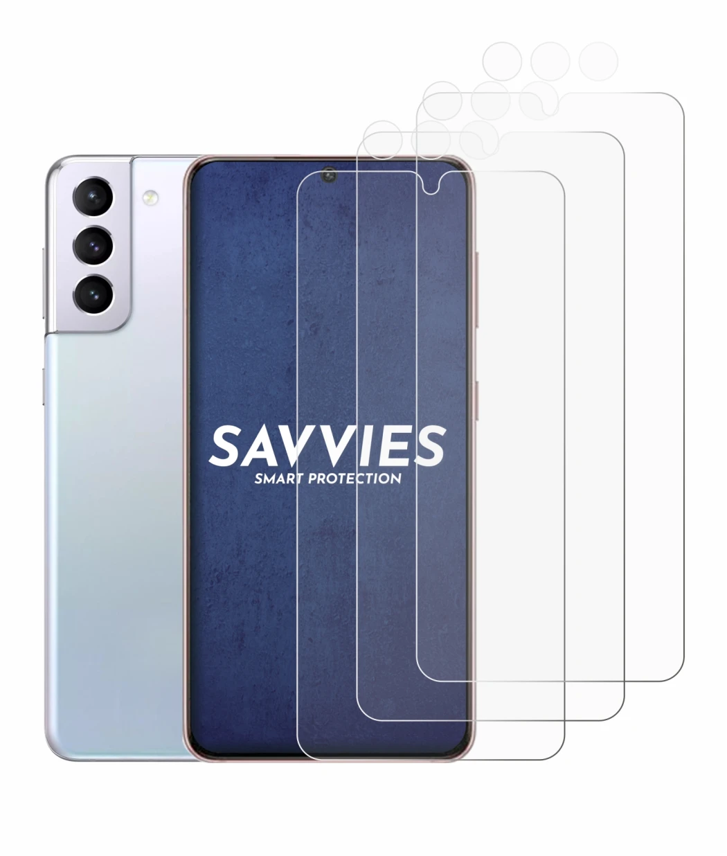 Image de l'appareil Samsung Galaxy S21 (Avant+Caméra) avec une grande variété de protections d'écran.