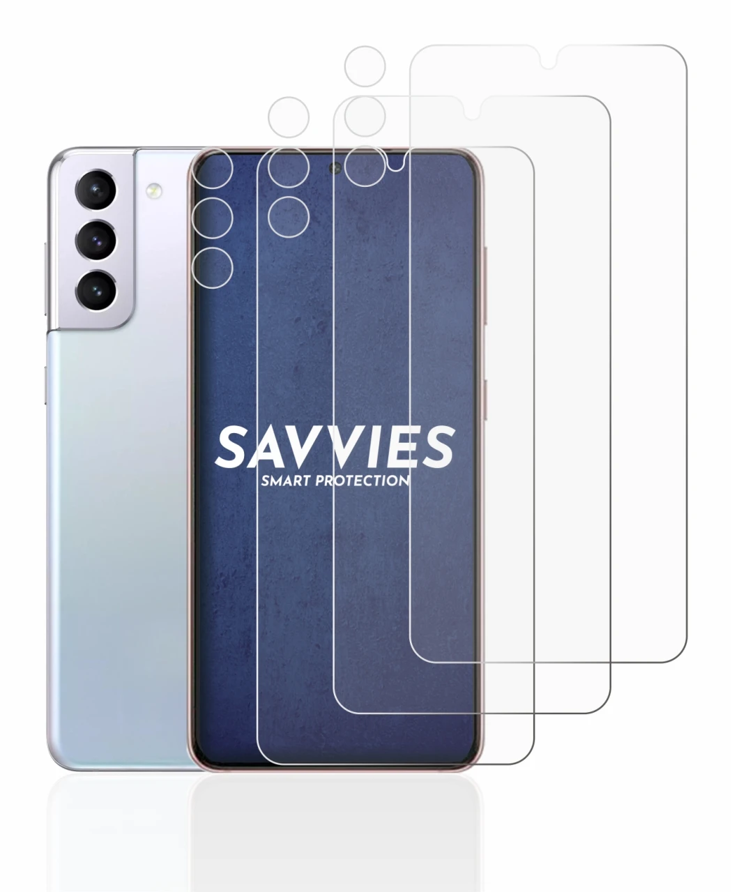 Image de l'appareil Samsung Galaxy S21 5G (Avant+Caméra) avec une grande variété de protections d'écran.