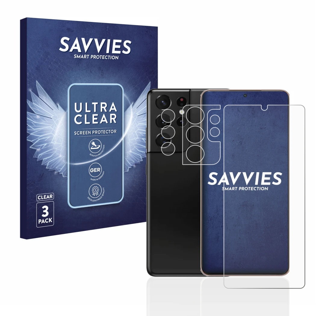 Face avant d’un emballage produit avec le logo de la marque Savvies. À côté, l’appareil Samsung Galaxy S21 Ultra 5G (Avant+Cam