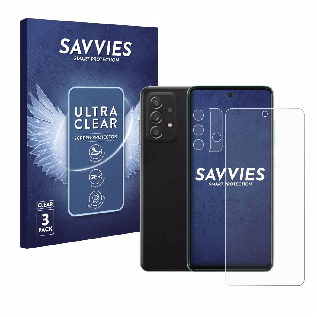 Face avant d’un emballage produit avec le logo de la marque Savvies. À côté, l’appareil Samsung Galaxy A52 (Avant+Caméra) est 