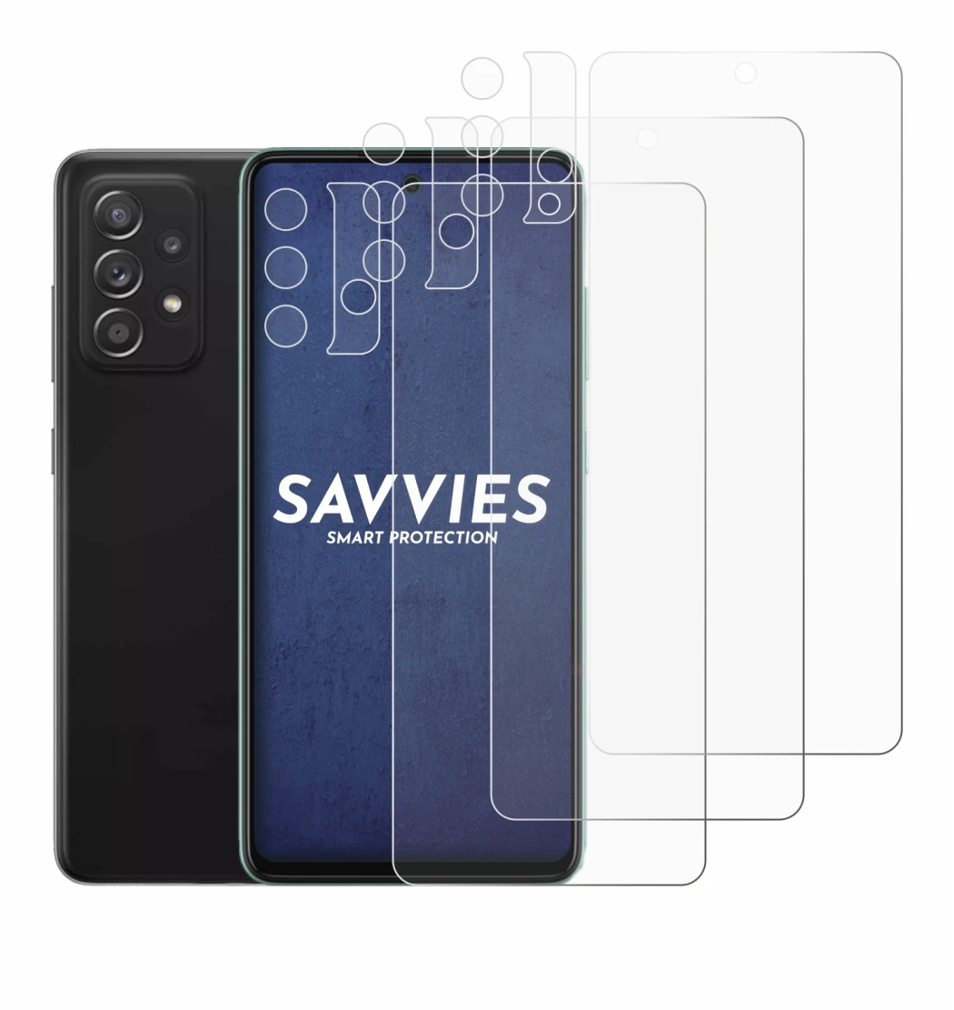 Image de l'appareil Samsung Galaxy A52 (Avant+Caméra) avec une grande variété de protections d'écran.
