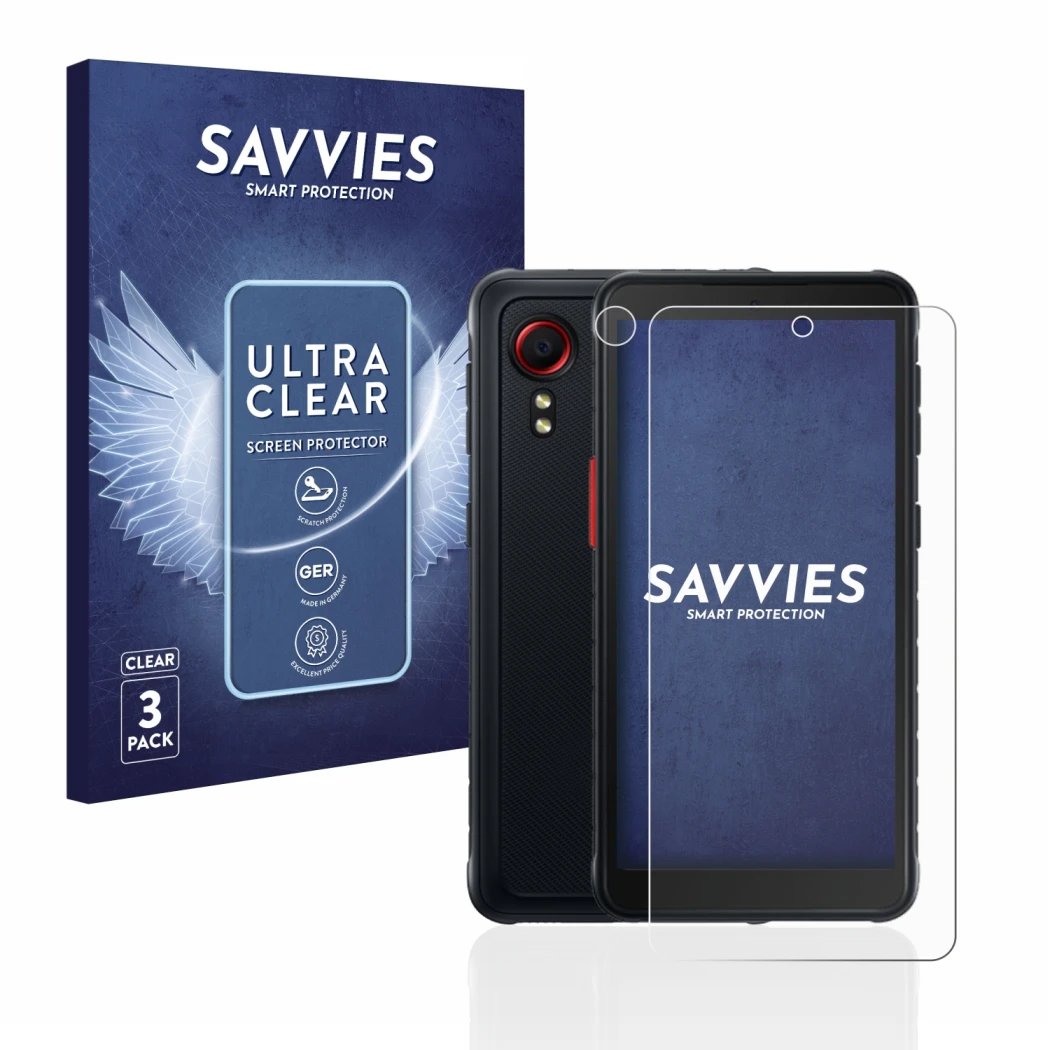 Face avant d’un emballage produit avec le logo de la marque Savvies. À côté, l’appareil Samsung Galaxy XCover 5 (Avant+Caméra)