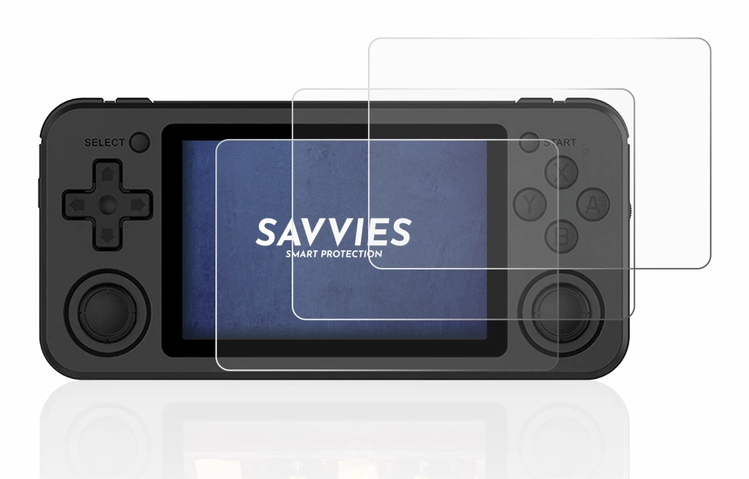 Image de l'appareil Anbernic RG351P avec une grande variété de protections d'écran.