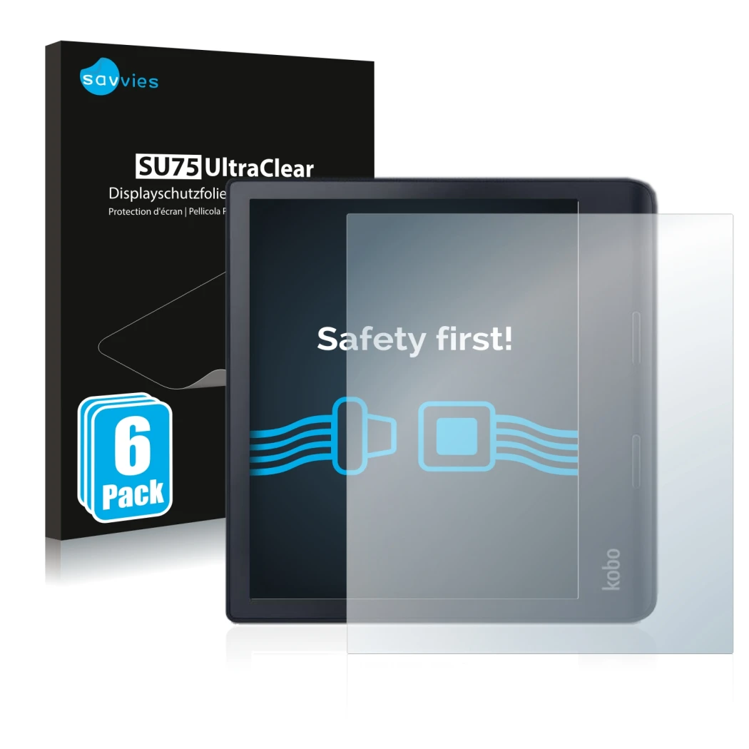 Face avant d’un emballage produit avec le logo de la marque Savvies. À côté, l’appareil Kobo Sage est représenté avec la prote