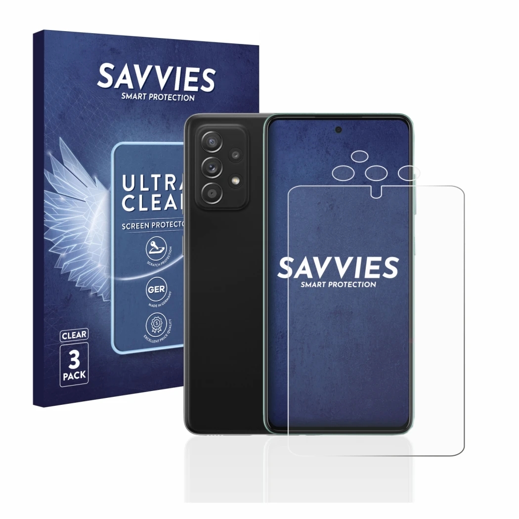 Face avant d’un emballage produit avec le logo de la marque Savvies. À côté, l’appareil Samsung Galaxy A52s 5G (Avant+Caméra) 