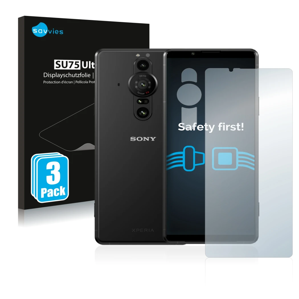 Face avant d’un emballage produit avec le logo de la marque Savvies. À côté, l’appareil Sony Xperia Pro-I (Avant+Caméra) est r