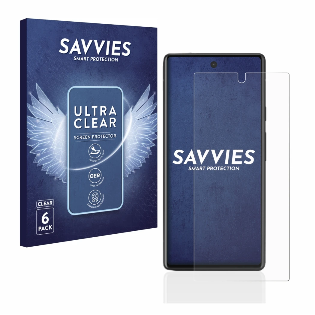 Face avant d’un emballage produit avec le logo de la marque Savvies. À côté, l’appareil Google Pixel 6a est représenté avec la