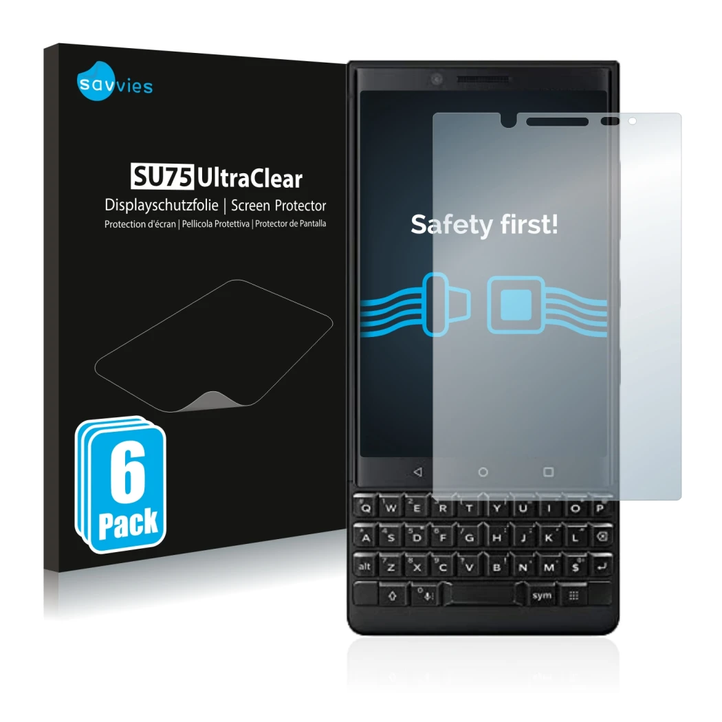 Face avant d’un emballage produit avec le logo de la marque Savvies. À côté, l’appareil BlackBerry Key2 (Dual Sim) est représe
