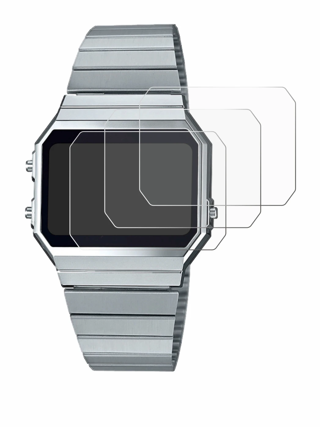 Image de l'appareil Casio A700WE avec une grande variété de protections d'écran.