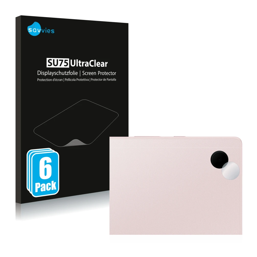 Face avant d’un emballage produit avec le logo de la marque Savvies. À côté, l’appareil Samsung Galaxy Tab A8 WiFi (Caméra UNI