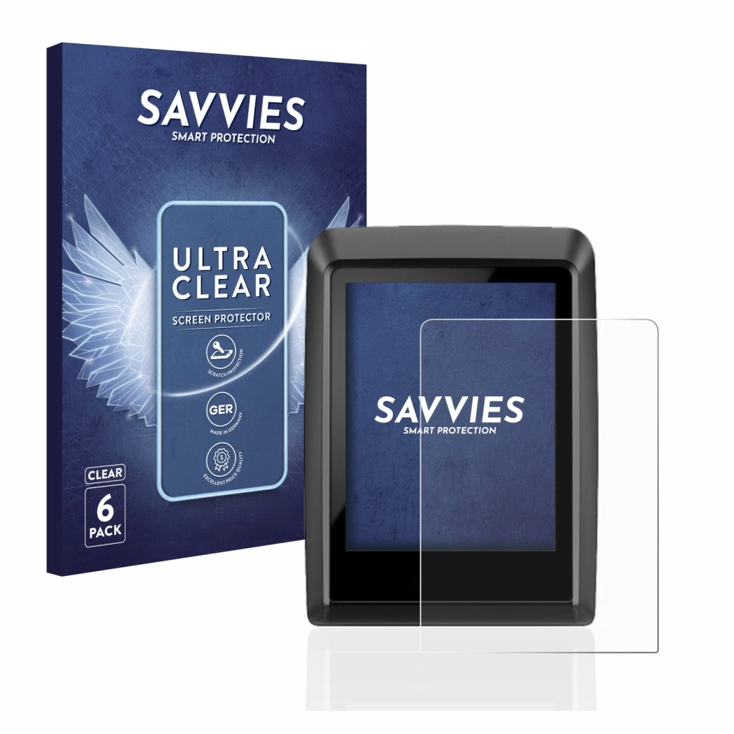 Face avant d’un emballage produit avec le logo de la marque Savvies. À côté, l’appareil Bosch Kiox 300 est représenté avec la 
