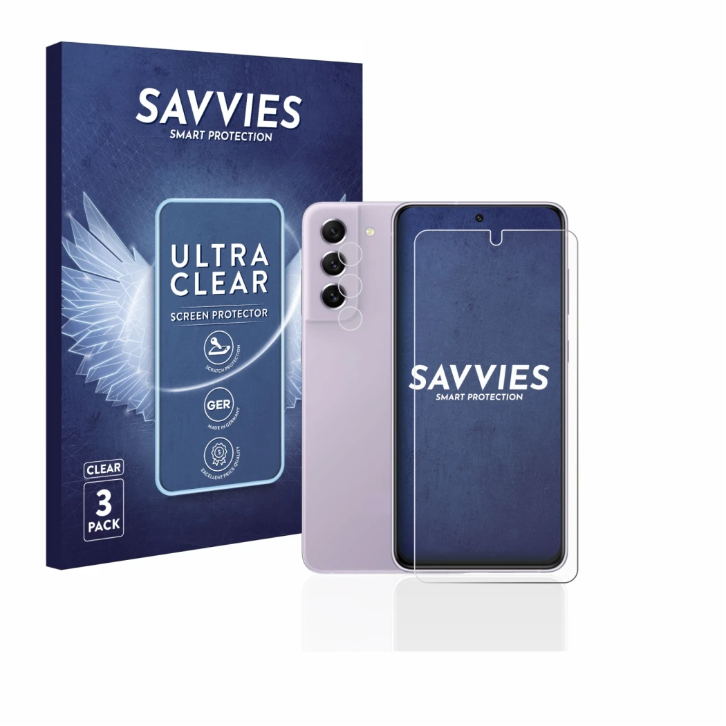 Face avant d’un emballage produit avec le logo de la marque Savvies. À côté, l’appareil Samsung Galaxy S21 FE 5G (Avant+Caméra