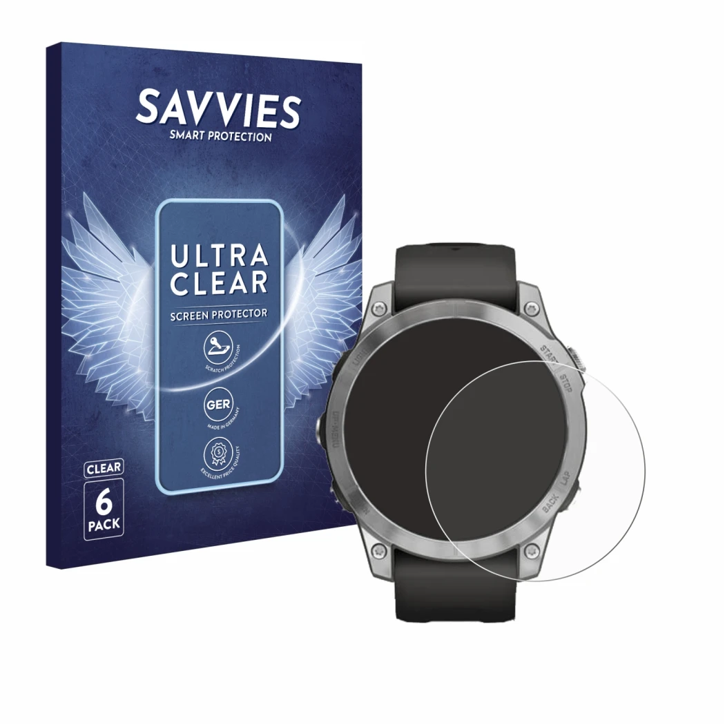 Face avant d’un emballage produit avec le logo de la marque Savvies. À côté, l’appareil Garmin Fenix 7 (47 mm) est représenté 
