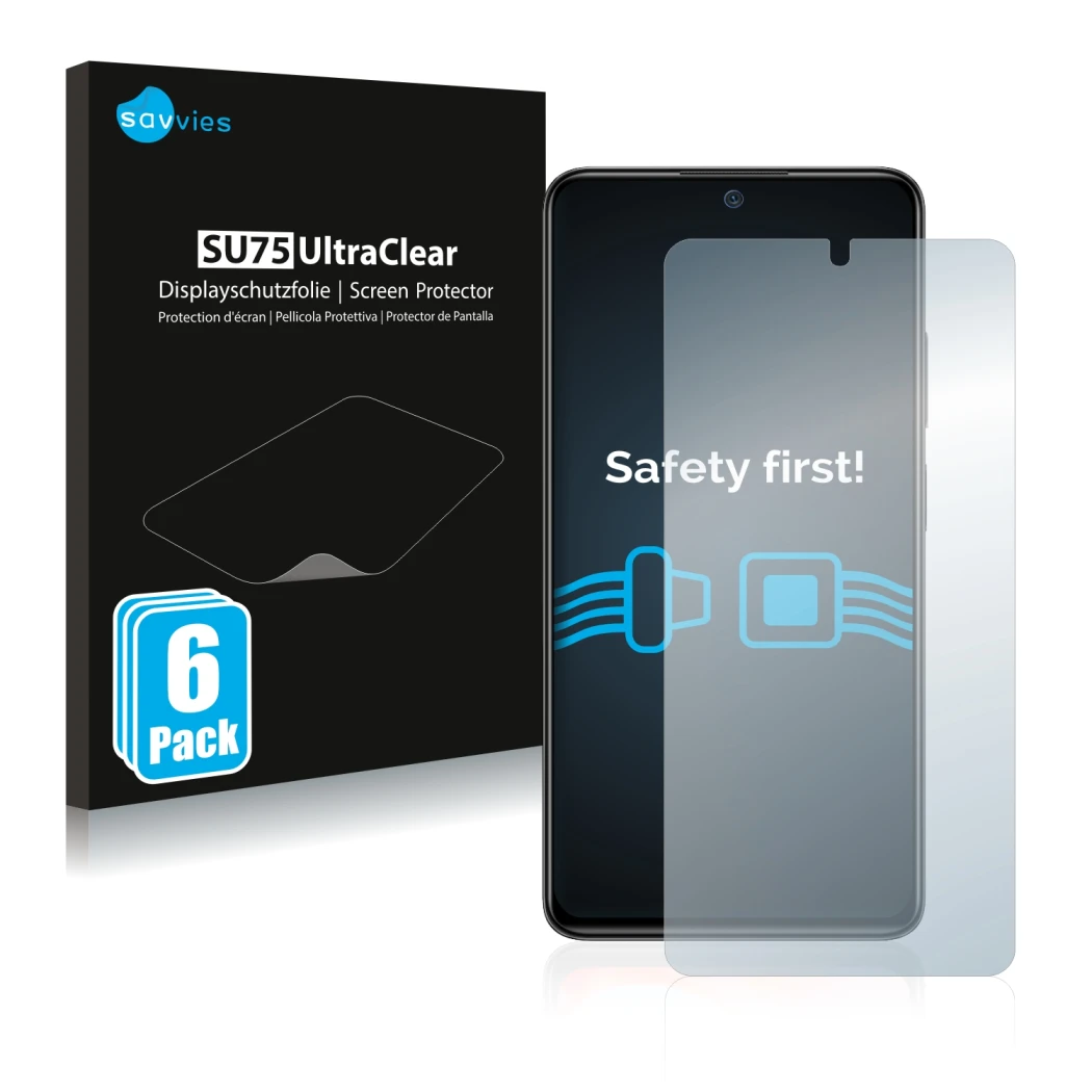 Face avant d’un emballage produit avec le logo de la marque Savvies. À côté, l’appareil Xiaomi Redmi Note 11 Pro est représent