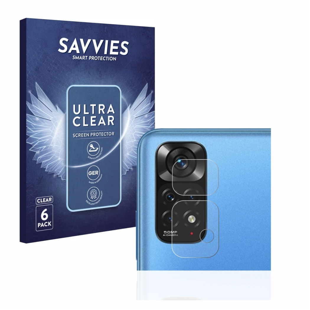 Face avant d’un emballage produit avec le logo de la marque Savvies. À côté, l’appareil Xiaomi Redmi Note 11 (Caméra UNIQUEMEN
