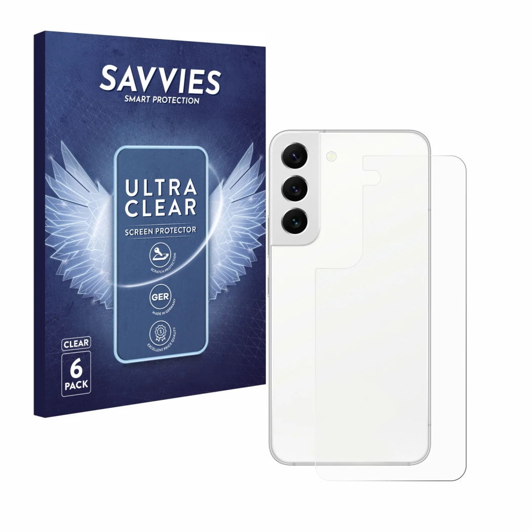 Face avant d’un emballage produit avec le logo de la marque Savvies. À côté, l’appareil Samsung Galaxy S22 5G (Arrière) est re