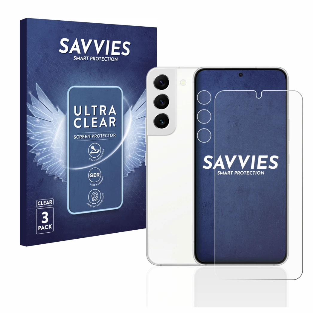 Face avant d’un emballage produit avec le logo de la marque Savvies. À côté, l’appareil Samsung Galaxy S22 5G (Avant+Caméra) e