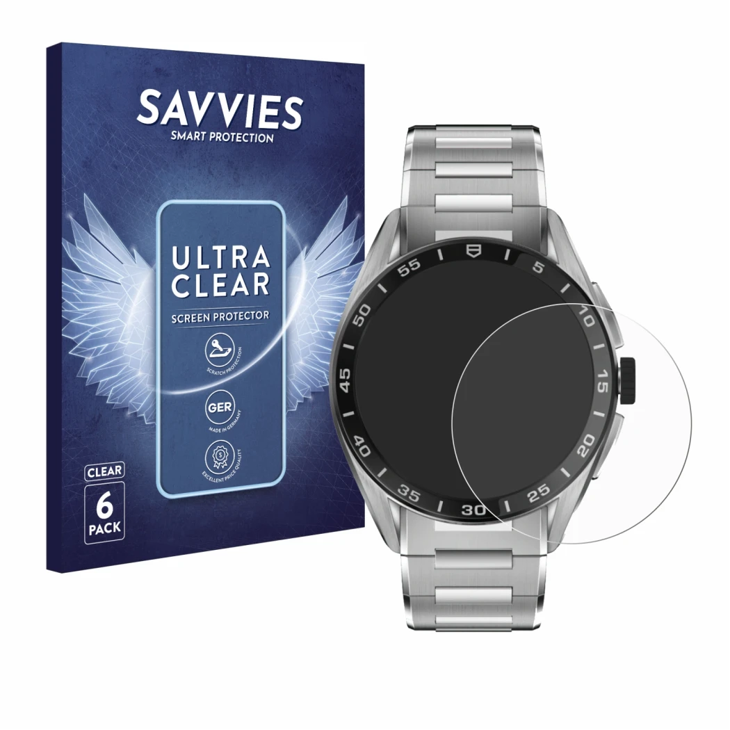 Face avant d’un emballage produit avec le logo de la marque Savvies. À côté, l’appareil TAG Heuer Connected Calibre E4 (45 mm)