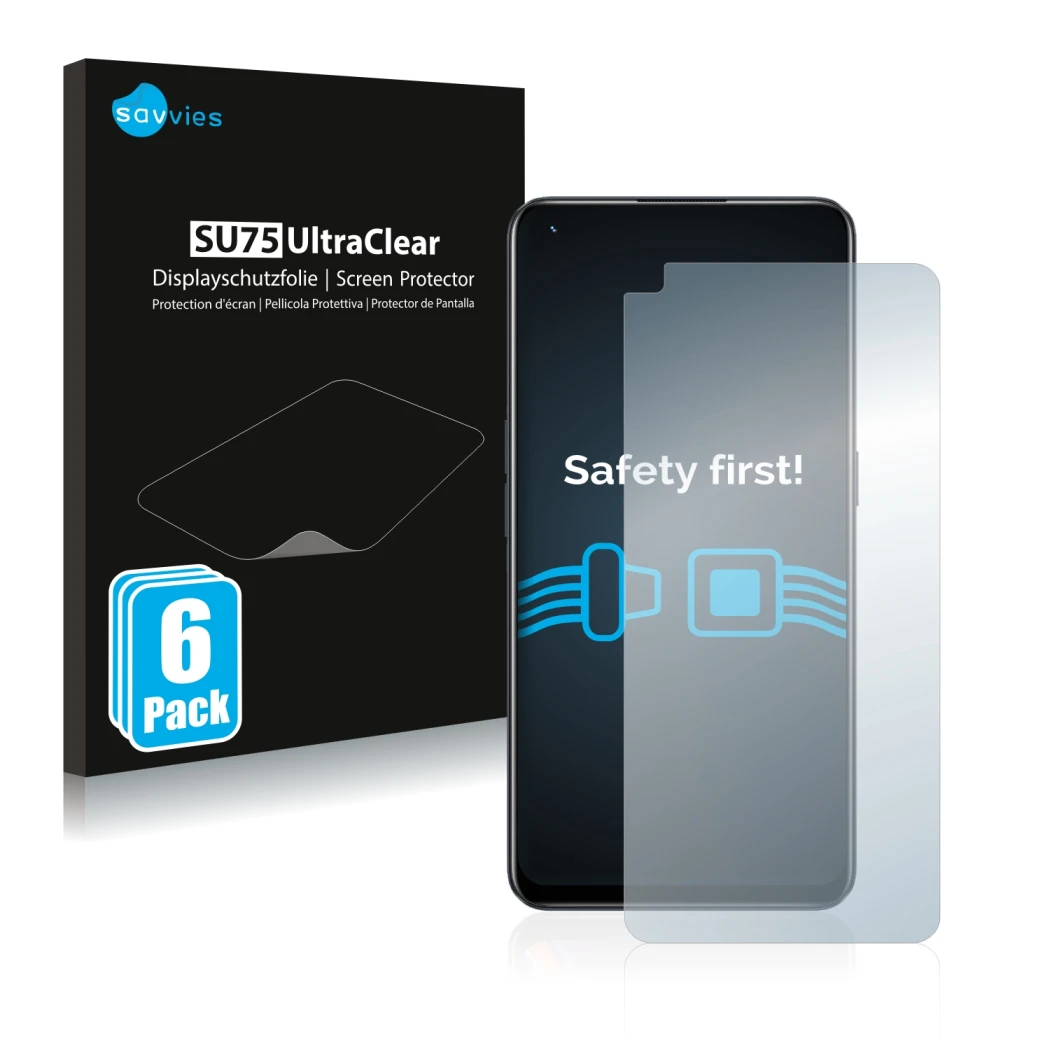 Face avant d’un emballage produit avec le logo de la marque Savvies. À côté, l’appareil realme 9 Pro Plus est représenté avec 