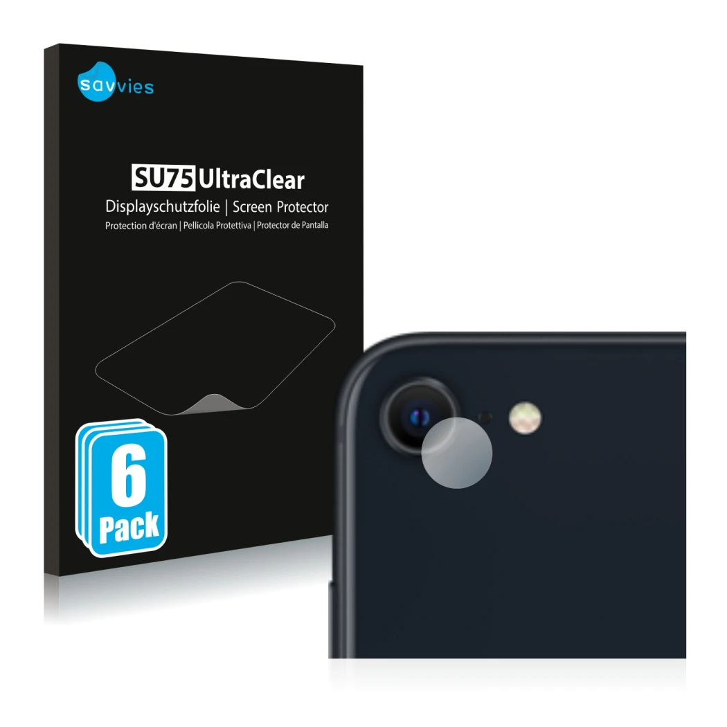 Face avant d’un emballage produit avec le logo de la marque Savvies. À côté, l’appareil Apple iPhone SE 3 2022 (Caméra UNIQUEM