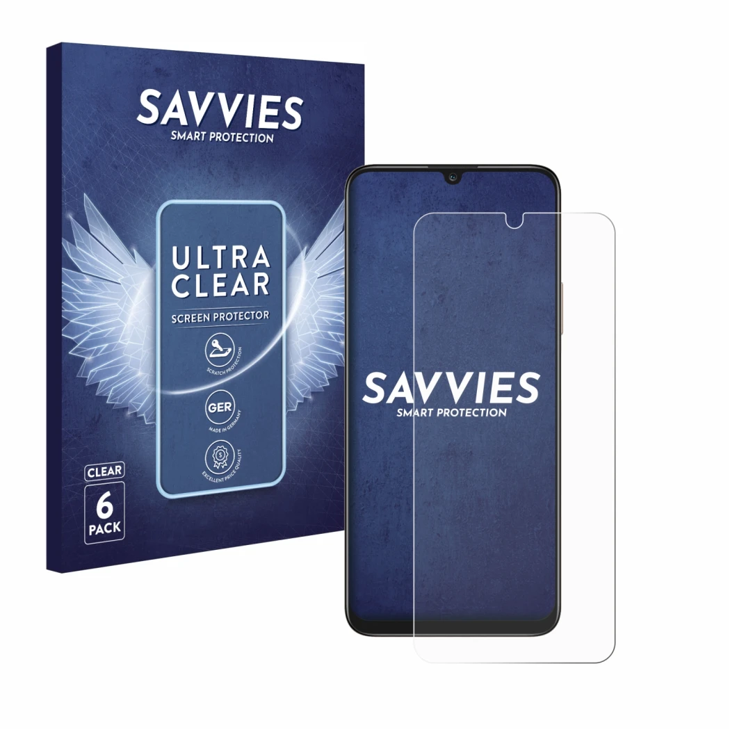 Face avant d’un emballage produit avec le logo de la marque Savvies. À côté, l’appareil Honor X7 est représenté avec la protec
