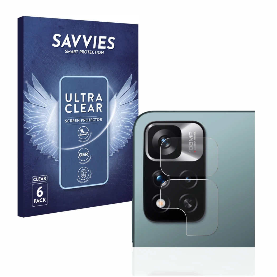 Face avant d’un emballage produit avec le logo de la marque Savvies. À côté, l’appareil Xiaomi Redmi Note 11 Pro+ 5G (Caméra U