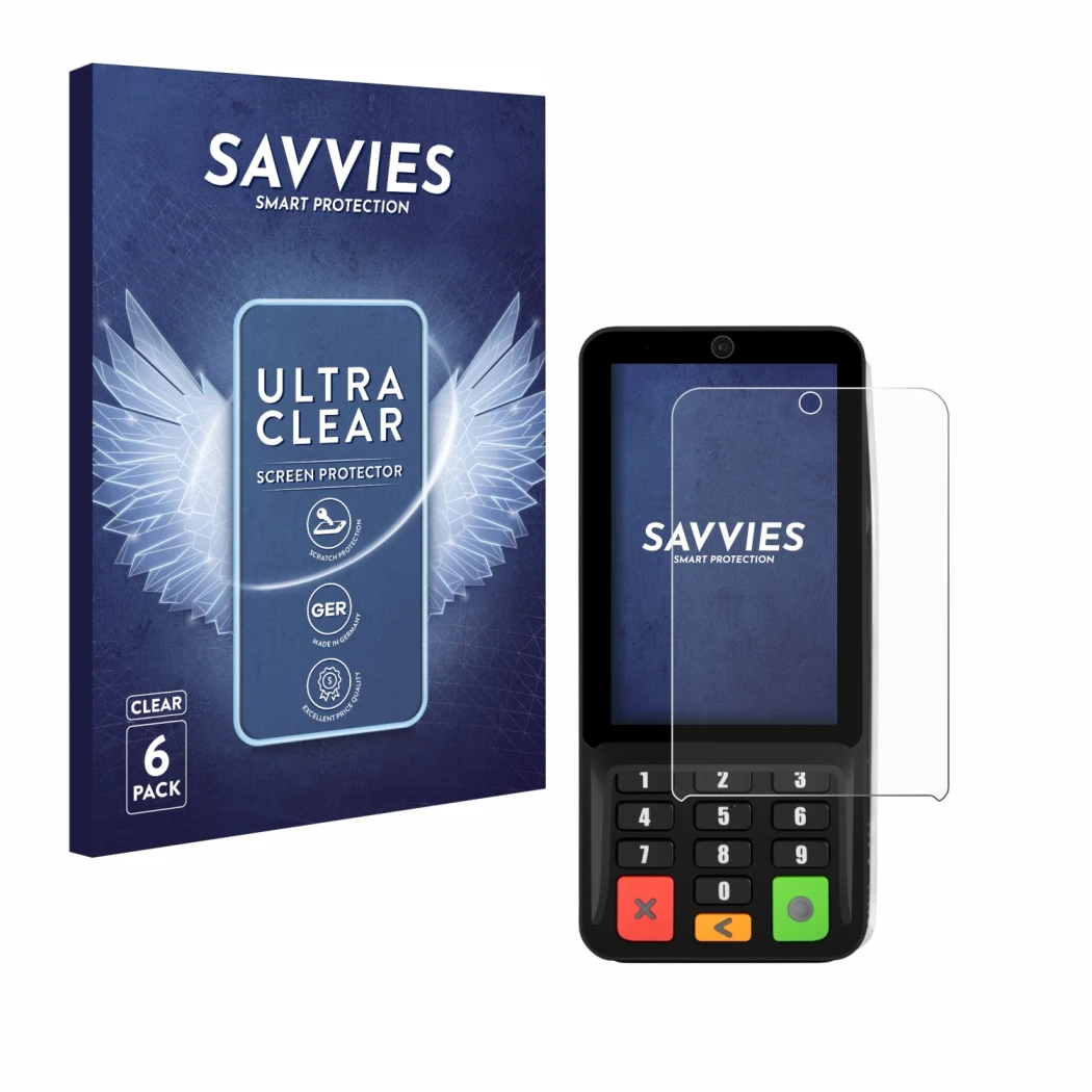 Face avant d’un emballage produit avec le logo de la marque Savvies. À côté, l’appareil Pax A35 est représenté avec la protect