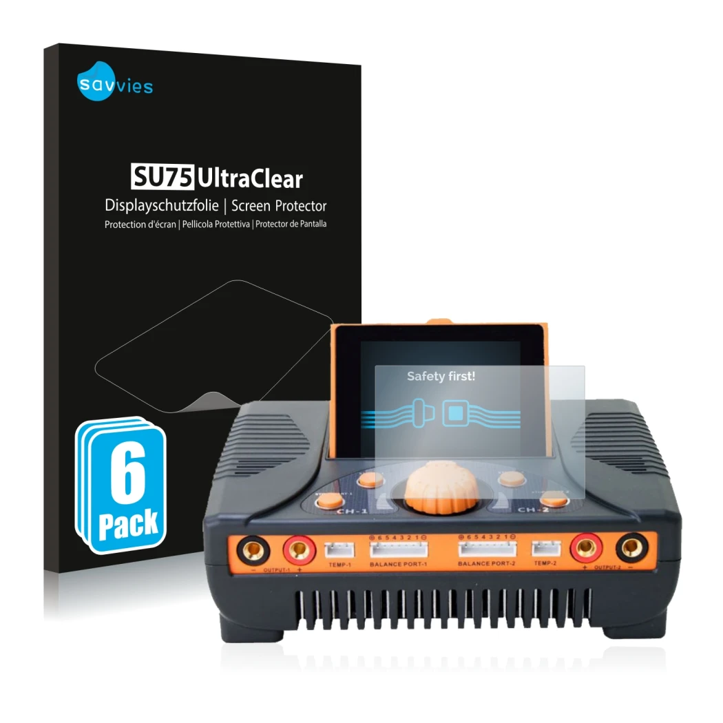 Face avant d’un emballage produit avec le logo de la marque Savvies. À côté, l’appareil Junsi iCharger 406 Duo est représenté 