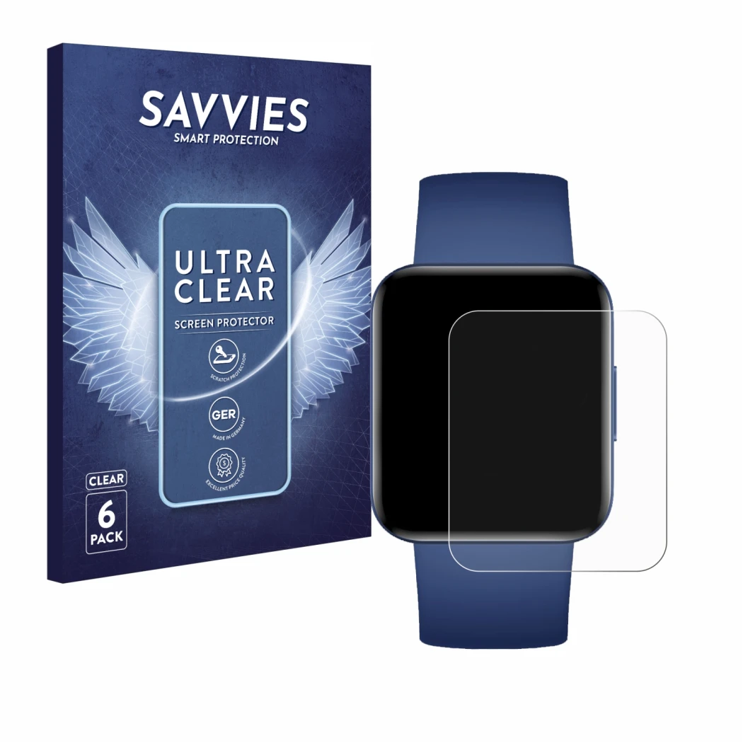 Face avant d’un emballage produit avec le logo de la marque Savvies. À côté, l’appareil Xiaomi Poco Watch est représenté avec 