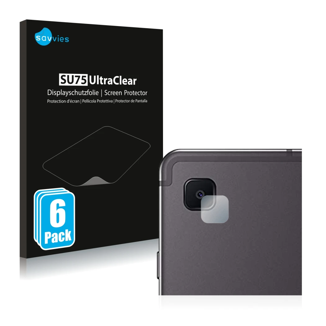 Face avant d’un emballage produit avec le logo de la marque Savvies. À côté, l’appareil Samsung Galaxy Tab S6 Lite WiFi 2022 (