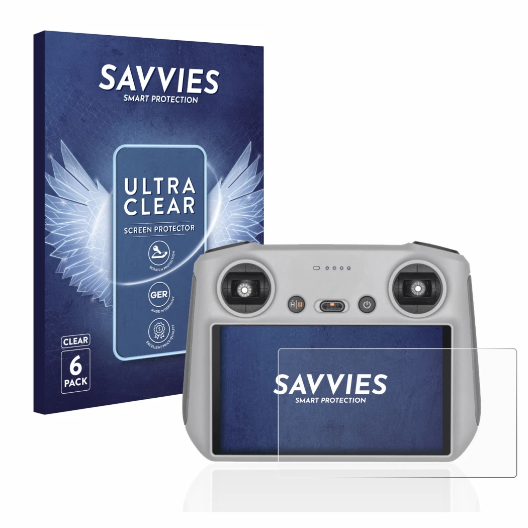 Face avant d’un emballage produit avec le logo de la marque Savvies. À côté, l’appareil DJI RC Controller est représenté avec 