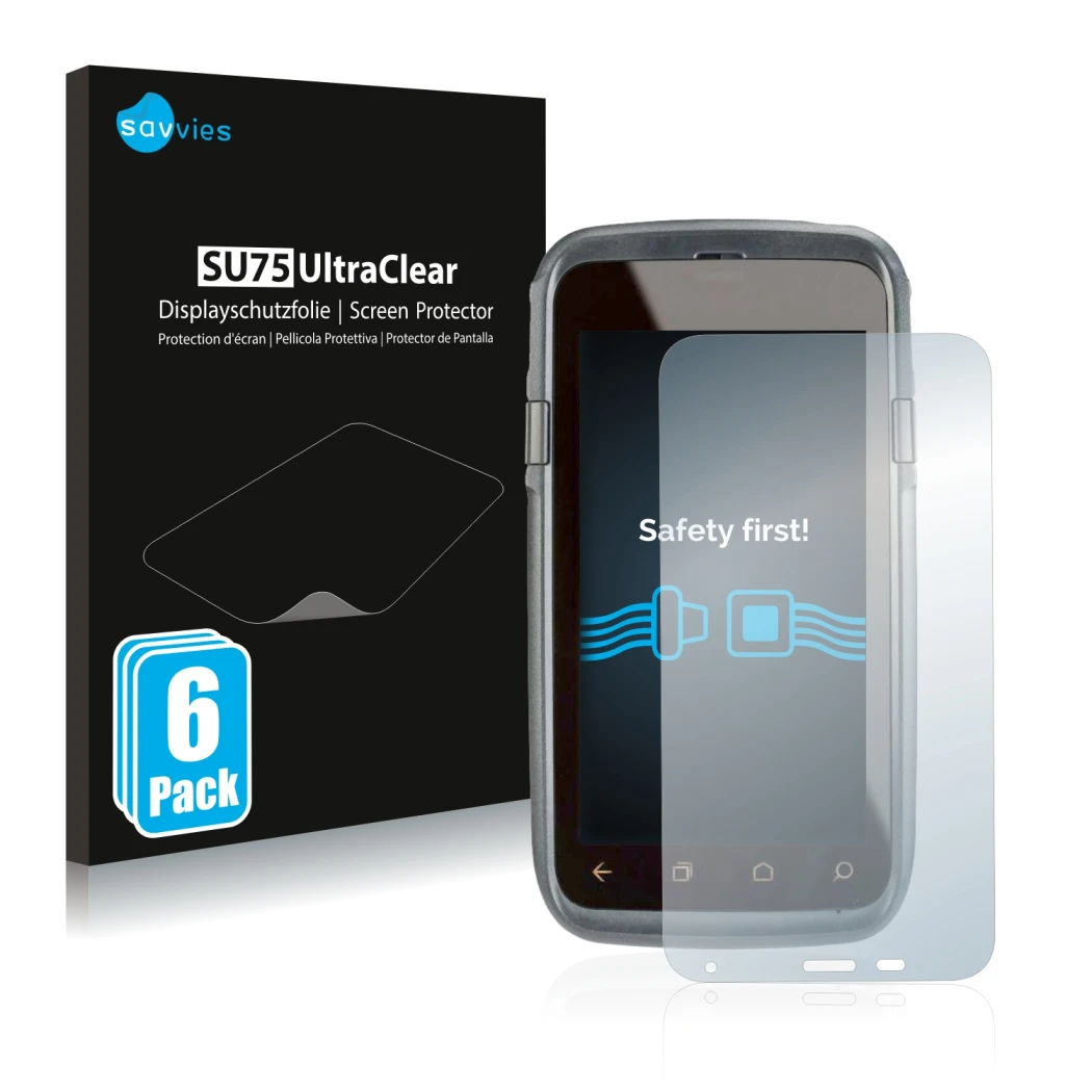 Face avant d’un emballage produit avec le logo de la marque Savvies. À côté, l’appareil Honeywell Dolphin CT60 XP est représen