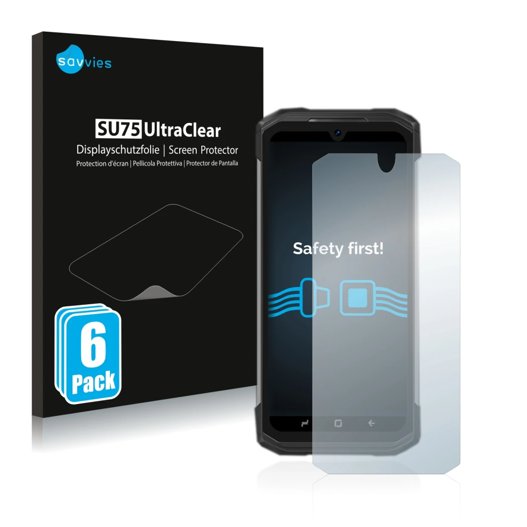 Face avant d’un emballage produit avec le logo de la marque Savvies. À côté, l’appareil Doogee S98 Pro est représenté avec la 
