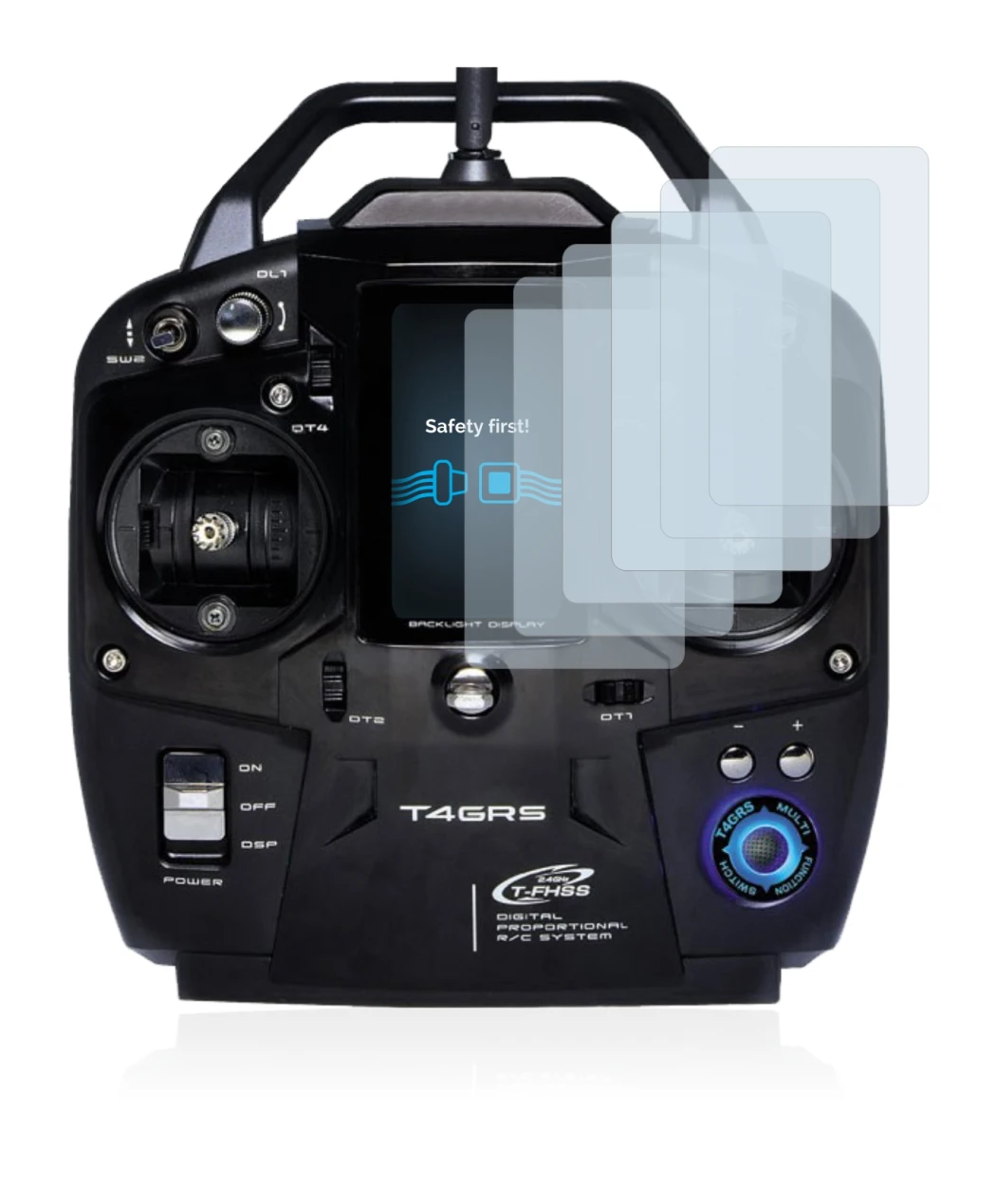 Image de l'appareil Futaba T4GRS avec une grande variété de protections d'écran.