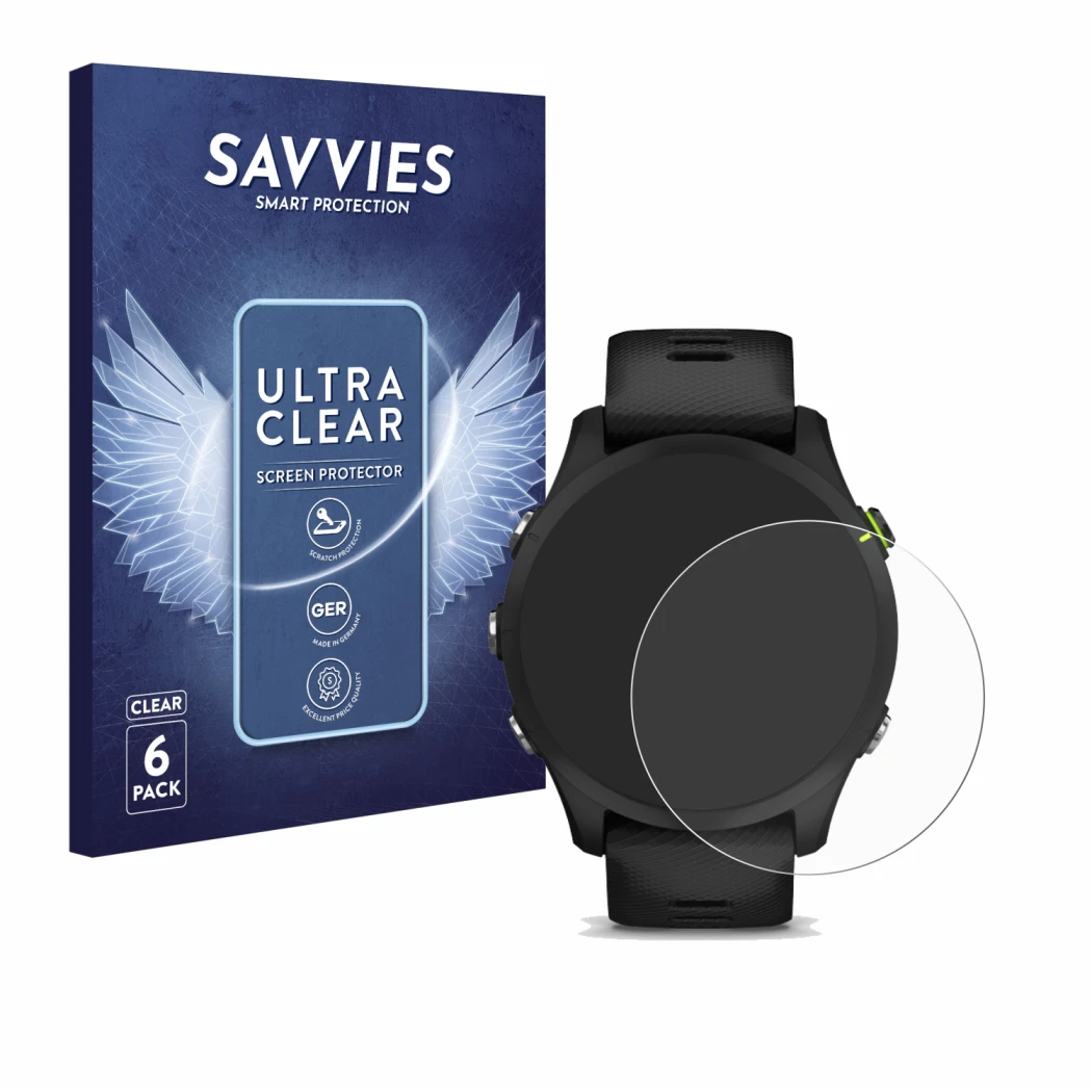 Face avant d’un emballage produit avec le logo de la marque Savvies. À côté, l’appareil Garmin Forerunner 255 est représenté a