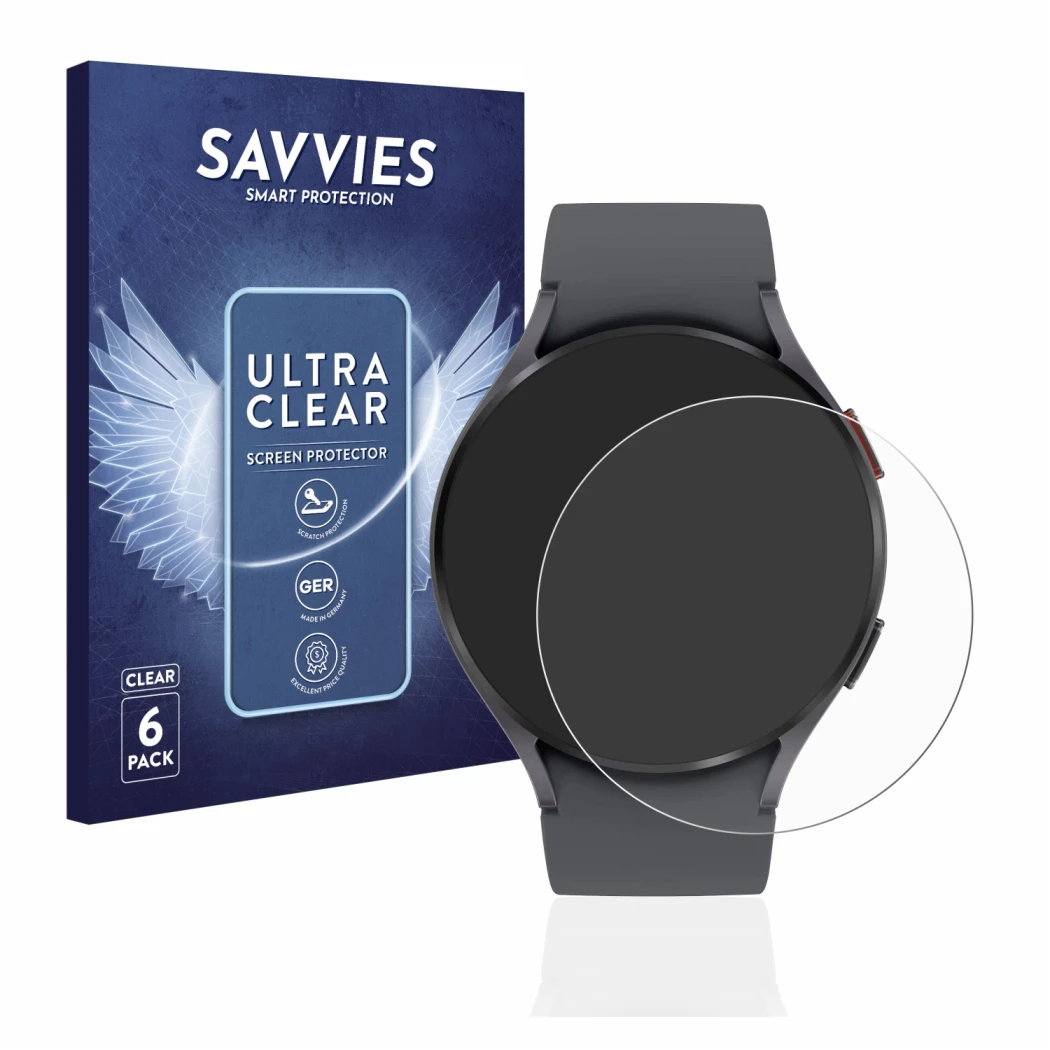 Face avant d’un emballage produit avec le logo de la marque Savvies. À côté, l’appareil Samsung Galaxy Watch 5 (44mm) est repr