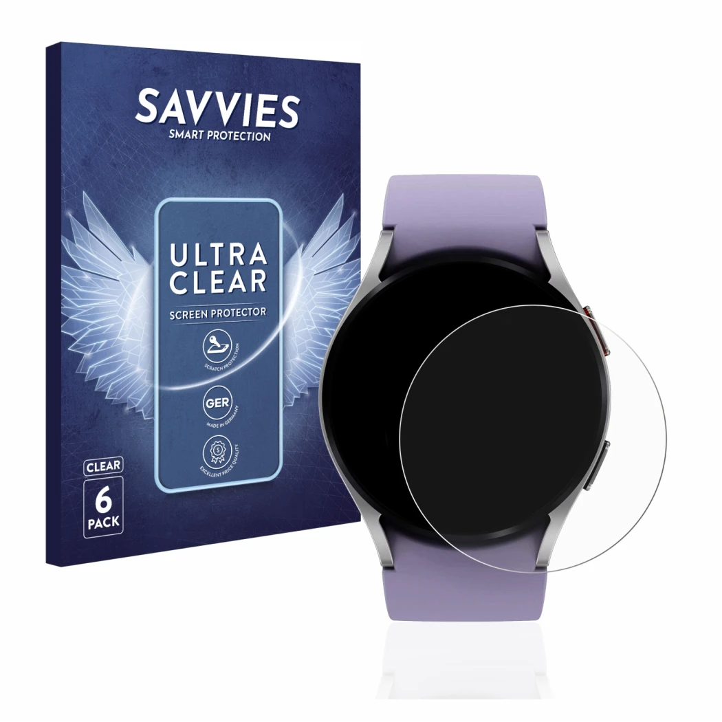 Face avant d’un emballage produit avec le logo de la marque Savvies. À côté, l’appareil Samsung Galaxy Watch 5 (40mm) est repr