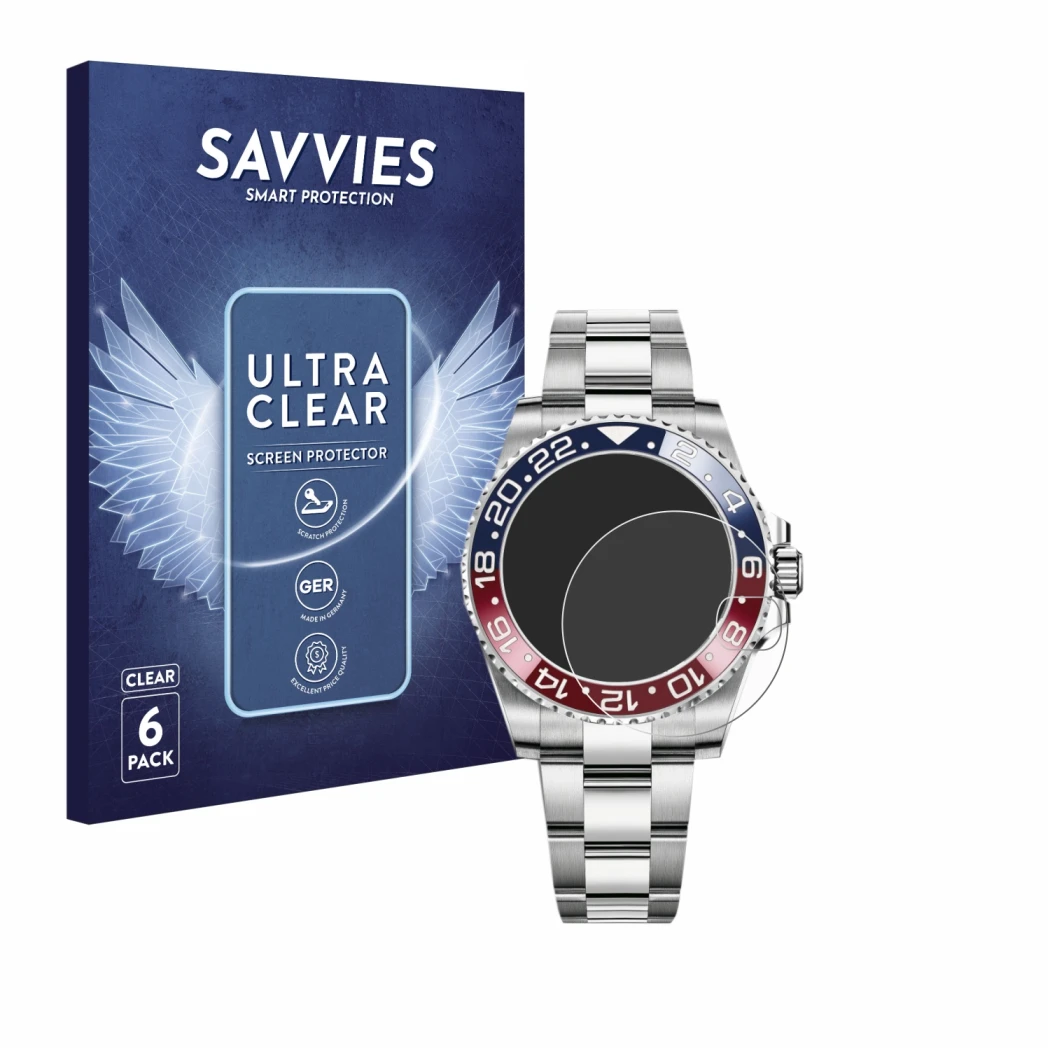 Face avant d’un emballage produit avec le logo de la marque Savvies. À côté, l’appareil Rolex GMT-Master II est représenté ave