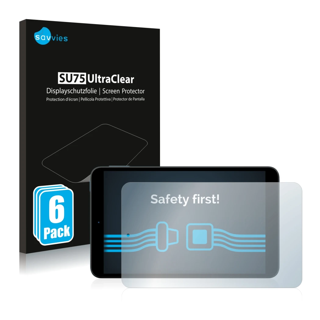 Face avant d’un emballage produit avec le logo de la marque Savvies. À côté, l’appareil Nokia T10 est représenté avec la prote