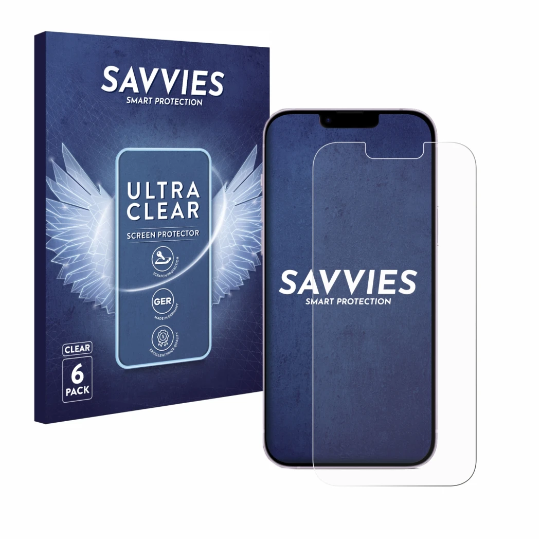 Face avant d’un emballage produit avec le logo de la marque Savvies. À côté, l’appareil Apple iPhone 14 Plus est représenté av