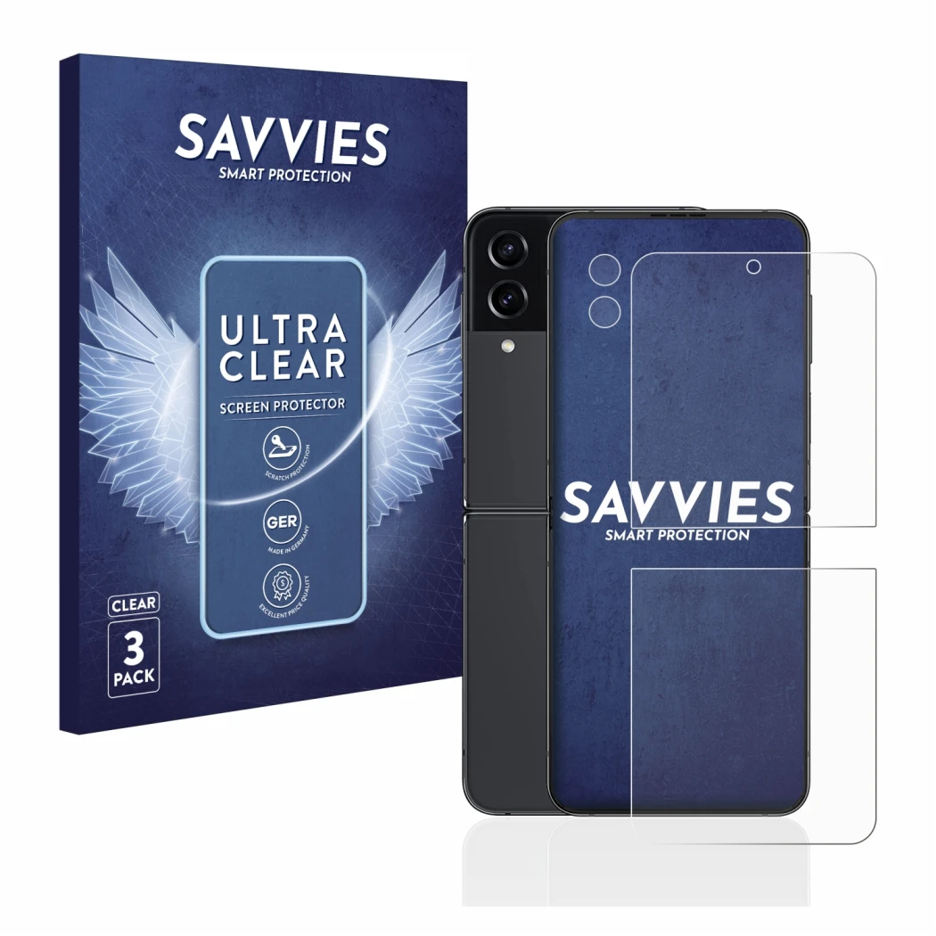 Face avant d’un emballage produit avec le logo de la marque Savvies. À côté, l’appareil Samsung Galaxy Z Flip 4 (Avant+Caméra)