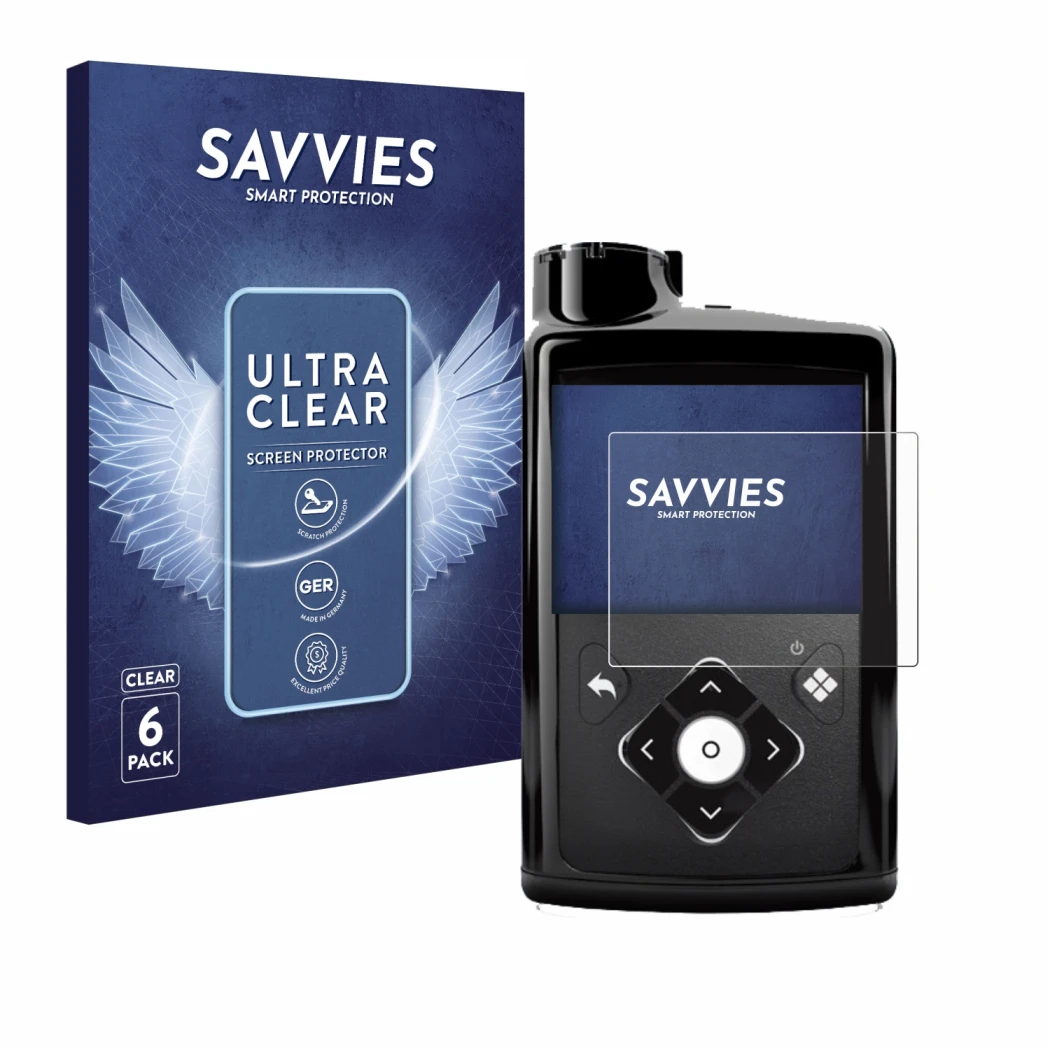 Face avant d’un emballage produit avec le logo de la marque Savvies. À côté, l’appareil Medtronic Minimed 780G est représenté 