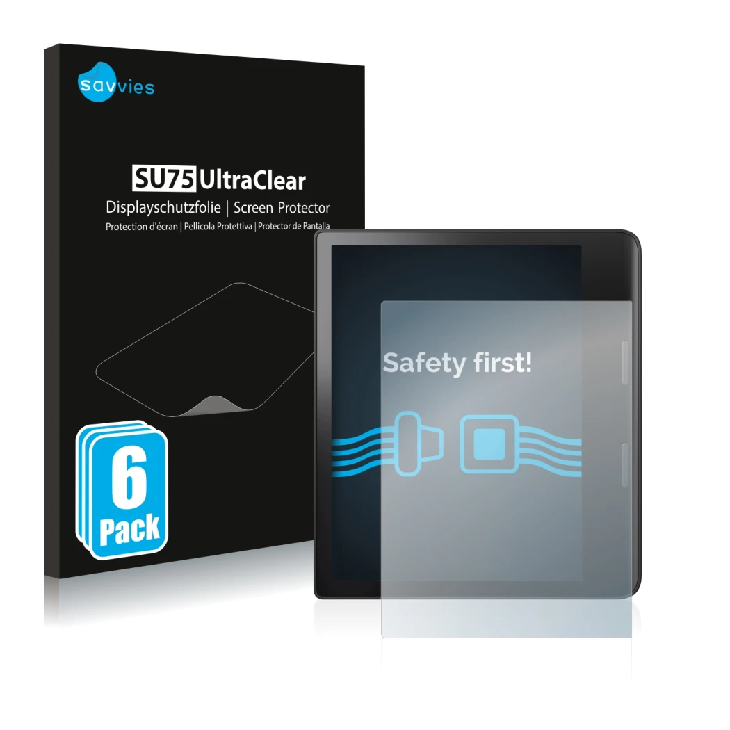 Face avant d’un emballage produit avec le logo de la marque Savvies. À côté, l’appareil Tolino Epos 3 est représenté avec la p