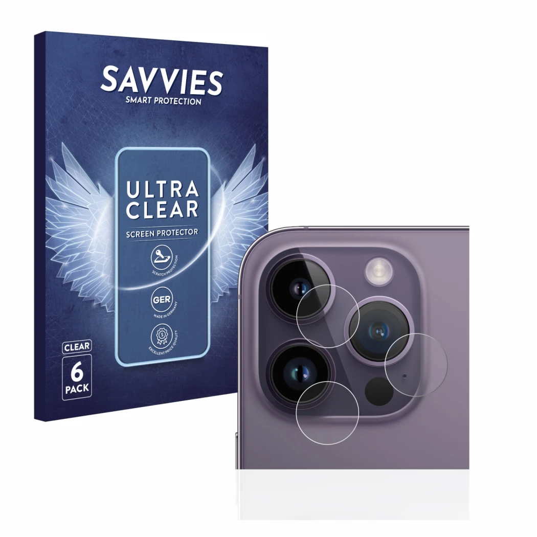 Face avant d’un emballage produit avec le logo de la marque Savvies. À côté, l’appareil Apple iPhone 14 Pro (Caméra UNIQUEMENT