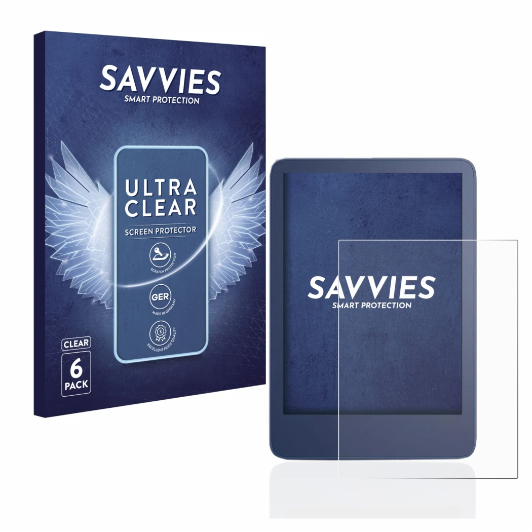 Face avant d’un emballage produit avec le logo de la marque Savvies. À côté, l’appareil Amazon Kindle Reader 2022 est représen